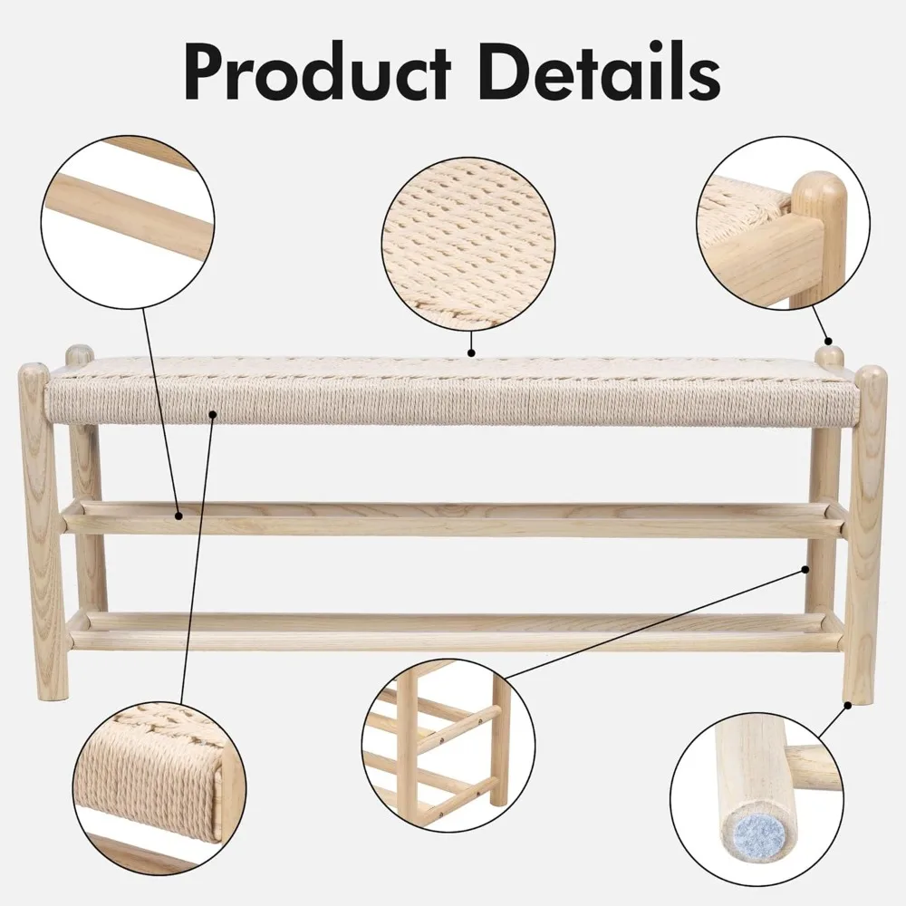مقعد مدخل من خشب البلوط الريفي مع مساحة تخزين للأحذية المنسوجة، بطول 45 بوصة لغرف المعيشة وغرفة الطعام #4