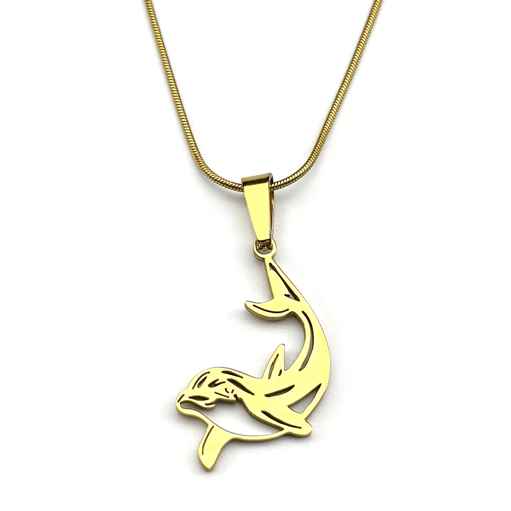 Springende Delfine Figur-Kette für Damen und Herren, Edelstahl, goldfarben, Meereslebewesen, niedlicher Anhänger, Halskette, Schmuck, Geschenke – Detail 7