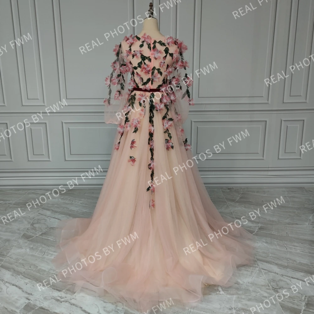 14252 #   Personalizado romântico mangas compridas com decote em v 3d flores tule a linha vestido de baile de formatura vestido de festa de casamento para mulher