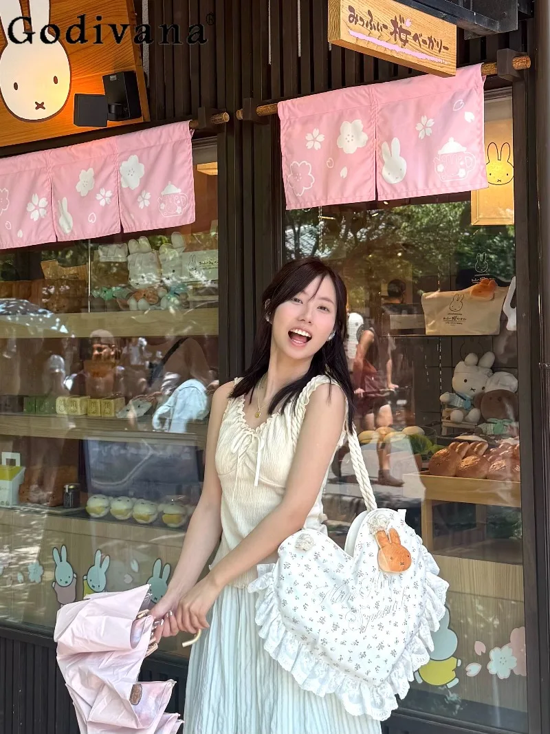 

Пасторальная японская оригинальная сумка в стиле Лолита с цветочным узором, из чистого хлопка, с кружевной отделкой, большая вместительная сумка для повседневного использования и отдыха, женская сумка через плечо