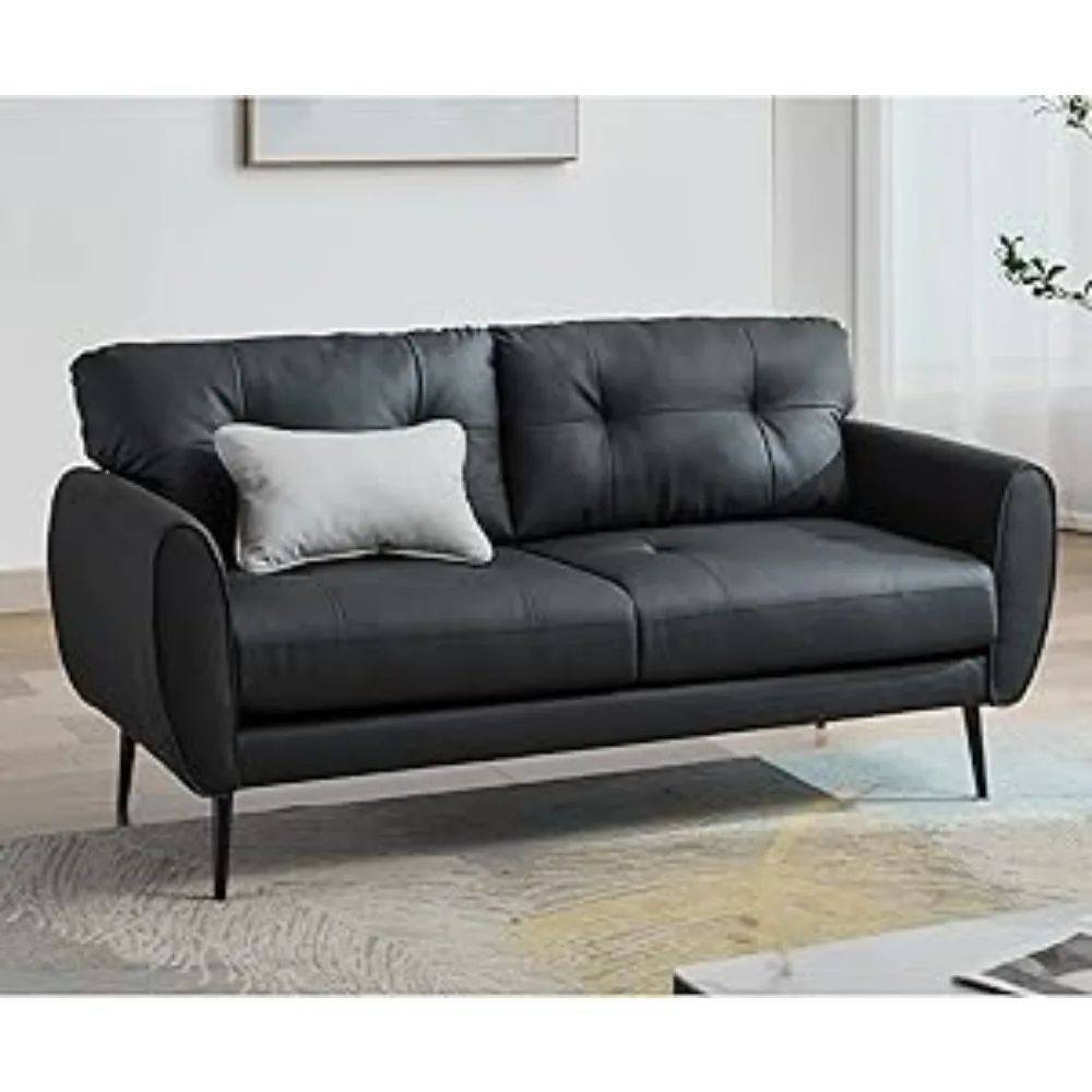 Sofa-Couch, 61 Zoll, kleine Loveseat-Sofas für Wohnzimmer, blaue Ledercouch, Mid-Century Modern, getuftetes Mini-Sofa, bequemes Büro, 2 Sitze