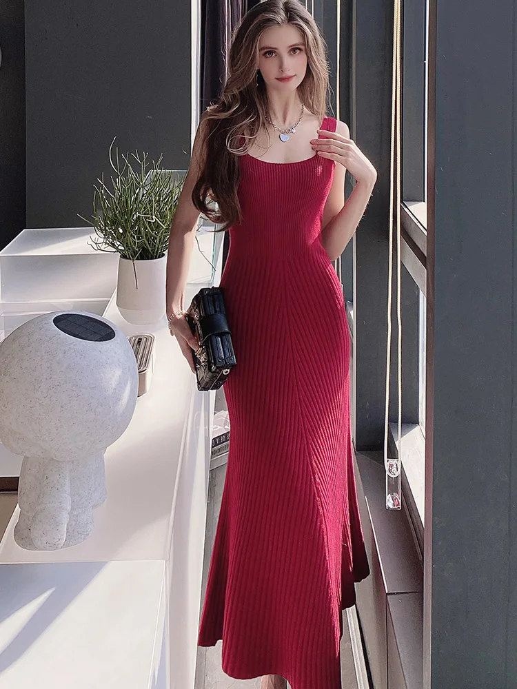 Dabuwawa Suspender Knitted Long Dress For Women  Empire  Slim Trumpet  Mid Calf Skirt Y2K DM1ADR028