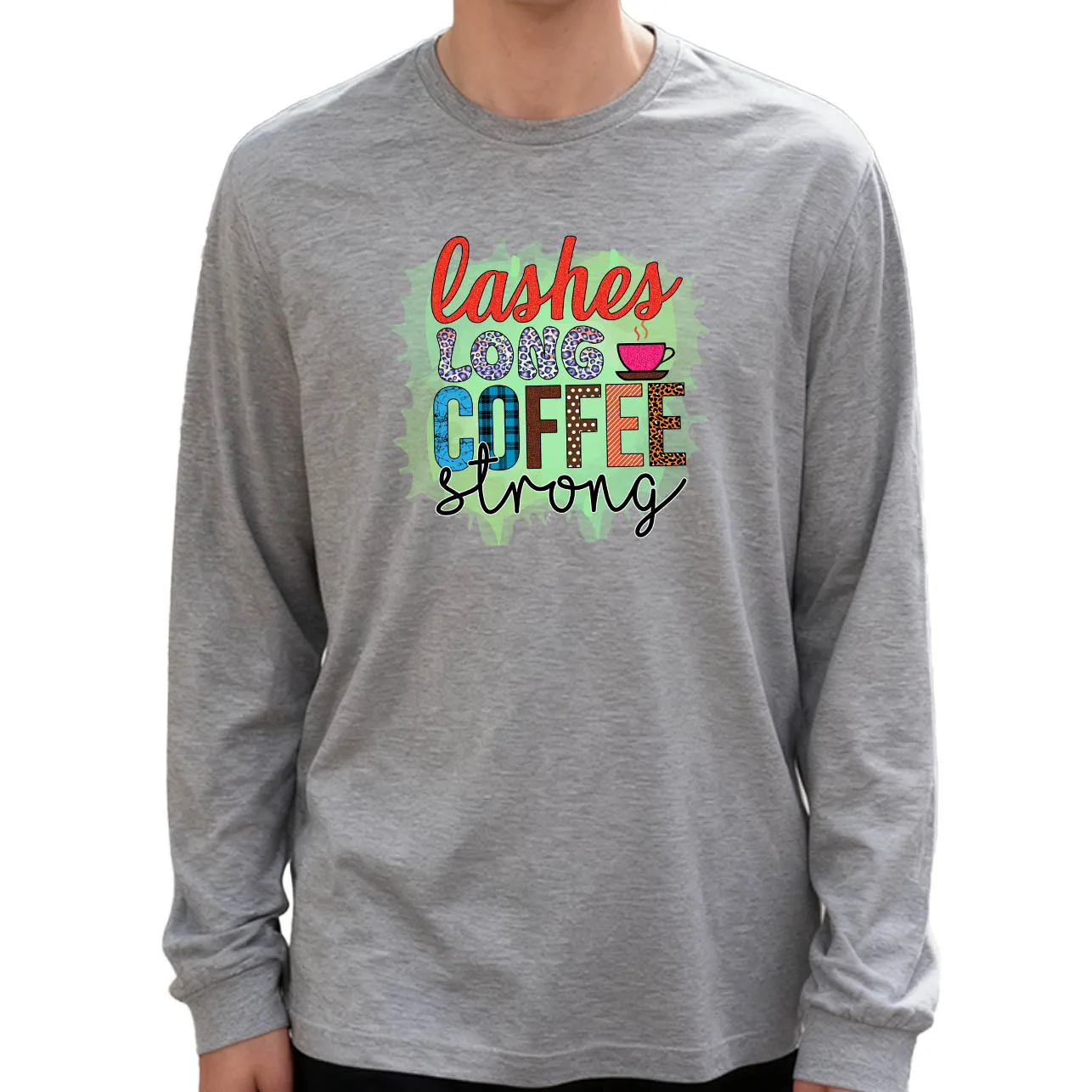 Coffee Strong Men's Long Sleeve T-Shirt 180g 100% Cotton Printed Crew Neck Casual Daily Wear Soft and Breathable