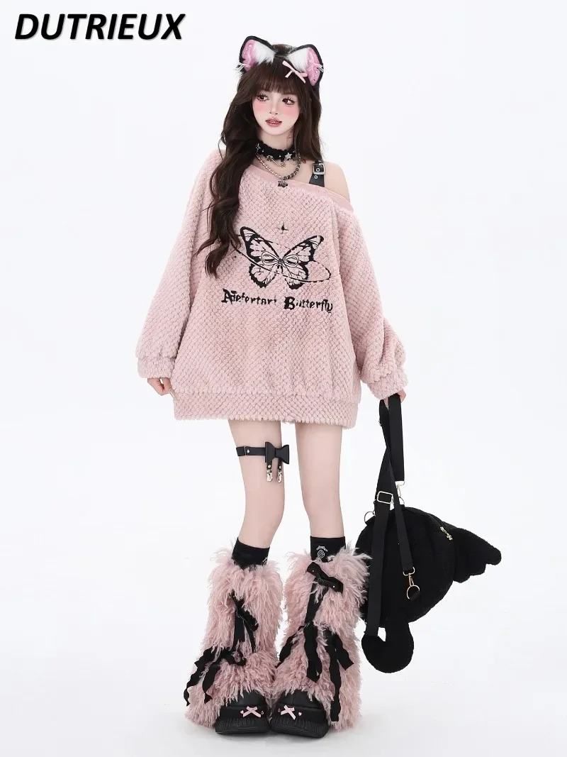 Japanese Original Sweet Design Butterfly Printed Lamb Wool Sweatshirt Off-shoulder Long-sleeved Loose Medium and Long Hoodies