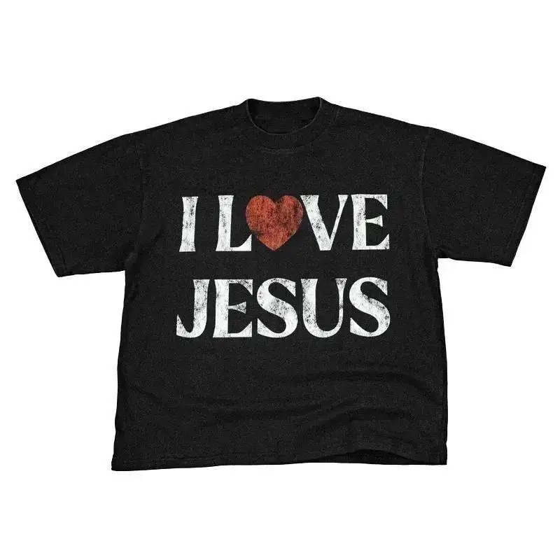 Vintage I Love Jesus Print Kurzarm T-Shirt Herrenmode Top Unterwäsche T-Shirt Baumwolle Polyester, Damen Letter Print Rundhalsausschnitt