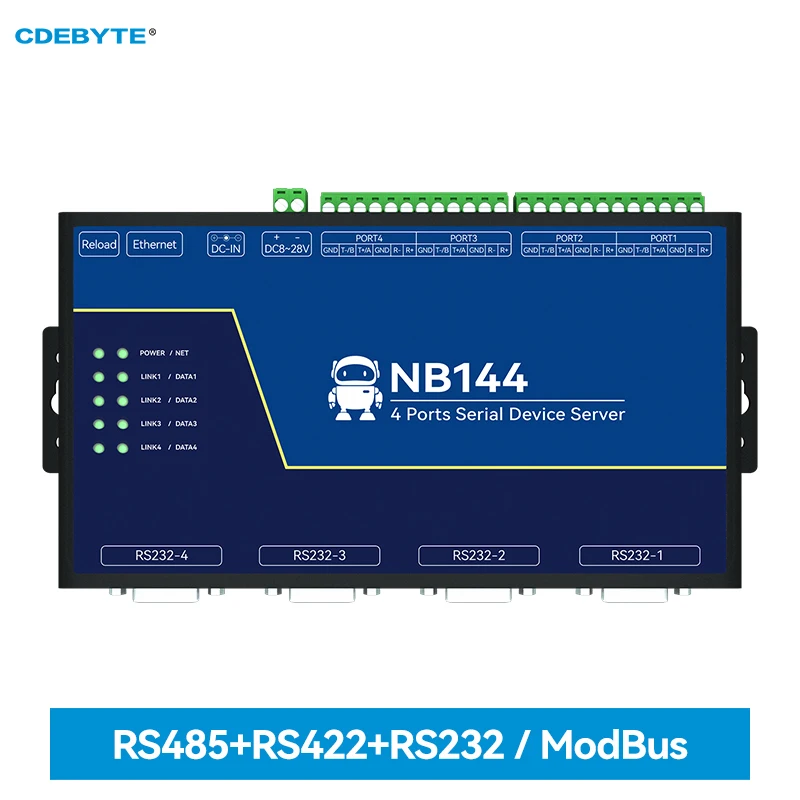 

4-канальный последовательный сервер RS232/422/485 RJ45 Шлюз Modbus CDEBYTE NB144ES POE Приемная мощность TCP/UDP/MQTT DC 8-28 В