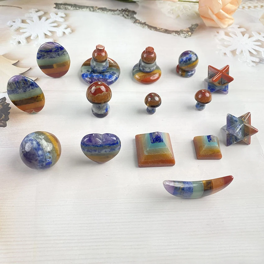 XSM 7 Chakra Thumb Worry,Crescent Moon Stone, Doughnut, Hexagonal, Natural Gems Chakra Meditation Home Decorations Various Style