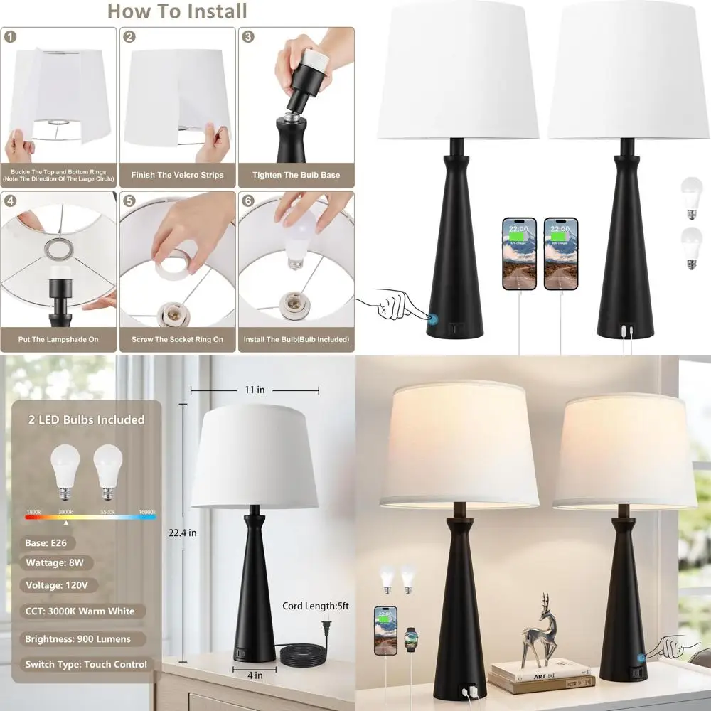 

Set of 2 Modern Touch-Activated Bedside Lamps with USB Ports, 3-Way Dimmable, Black for Living Room, Bedroom, Nightstand (Bulb I