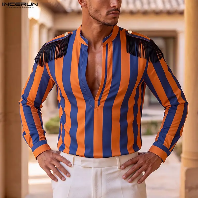 INCERUN Men's Shirt Tassel Striped Patchwork V Neck Long Sleeve Tops For Man Shirts Streetwear Fashion Casual Men Clothes Camisa