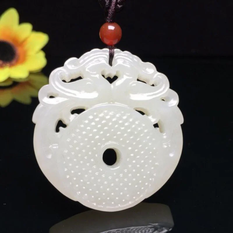 Hetian pendant necklace, white jade, -sided symmetrical double auspicious amulet