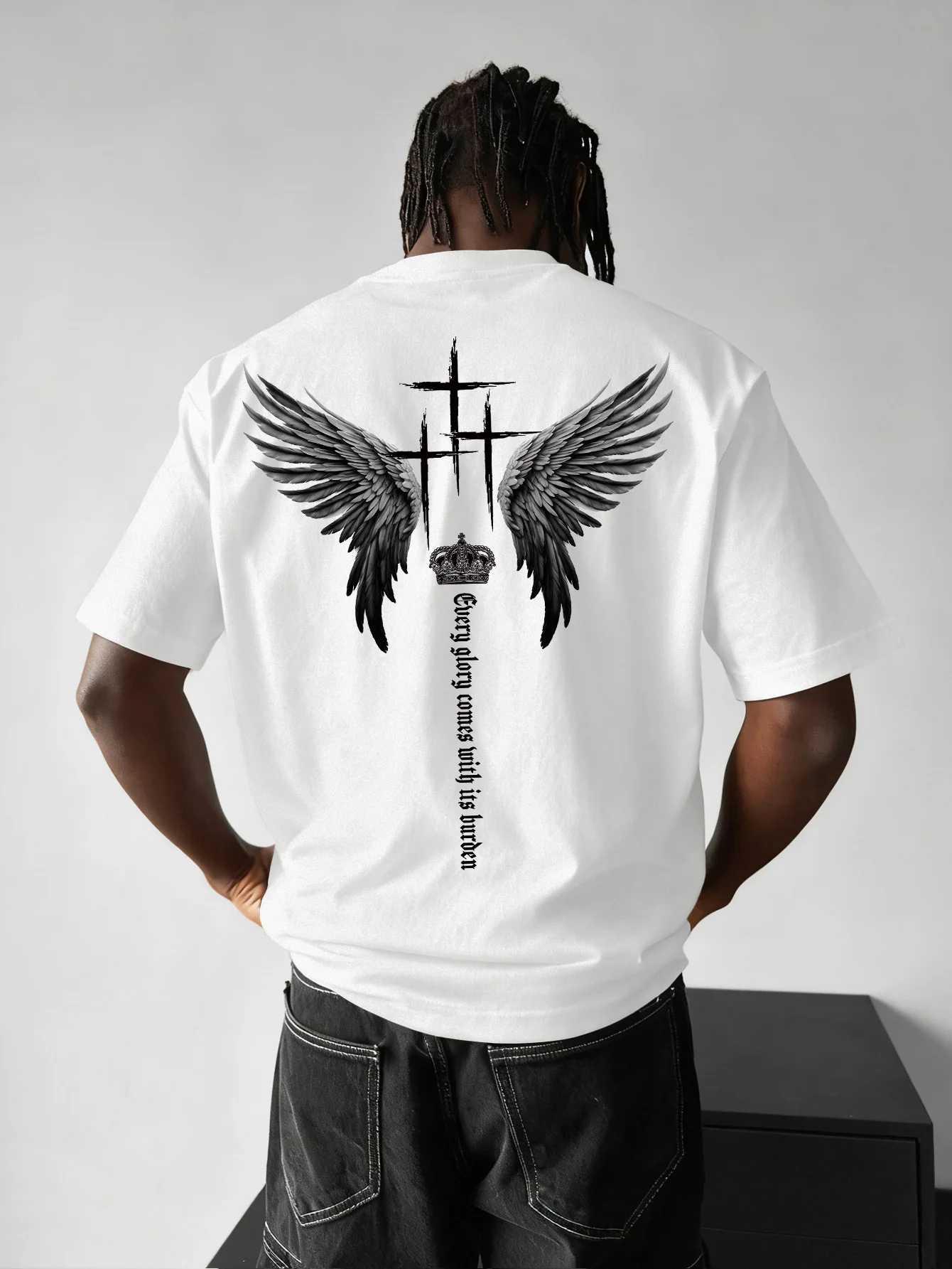Wing Crown Cross Graphic T Shirt Every Glory Comes With Its Burden Back Print Unisex Casual Tee S-XXL