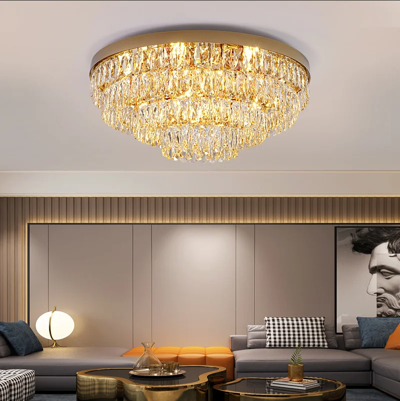Modern Light Luxury LED Crystal Light Ceiling Living Room Light European Warm Bedroom Home Round Titanium New Lamp