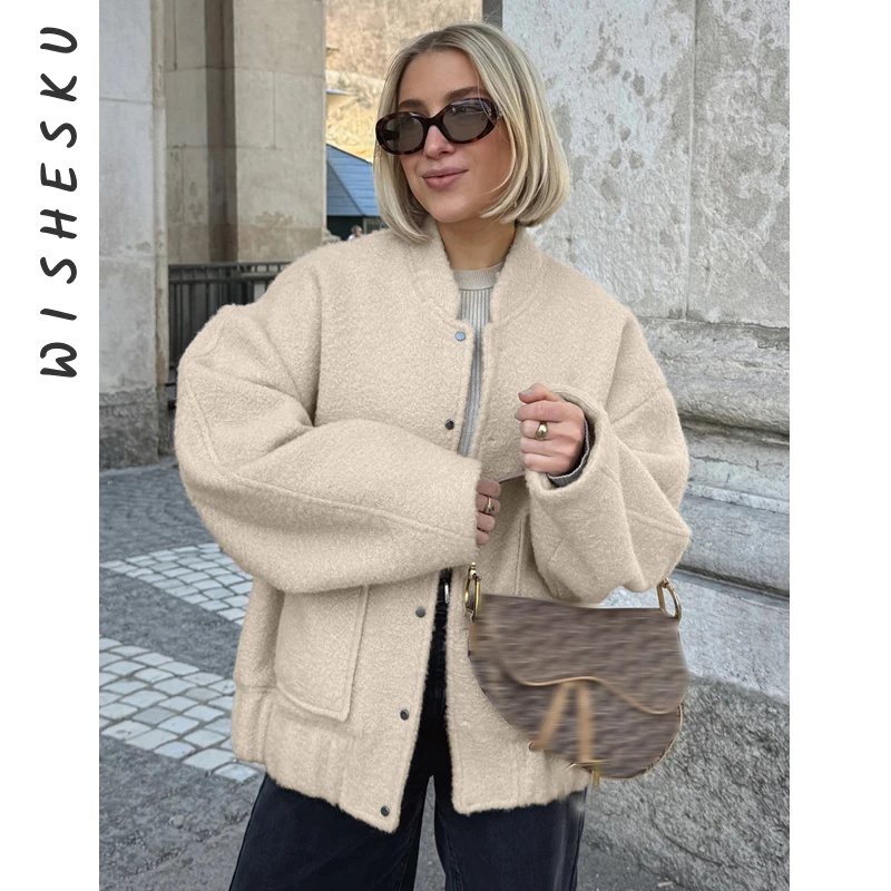 

Women's Casual Solid Oversized Jacket Fashion Stand Collar Full Sleeve Single Breasted Pocket Coat 2025 Autumn Chic Outerwear