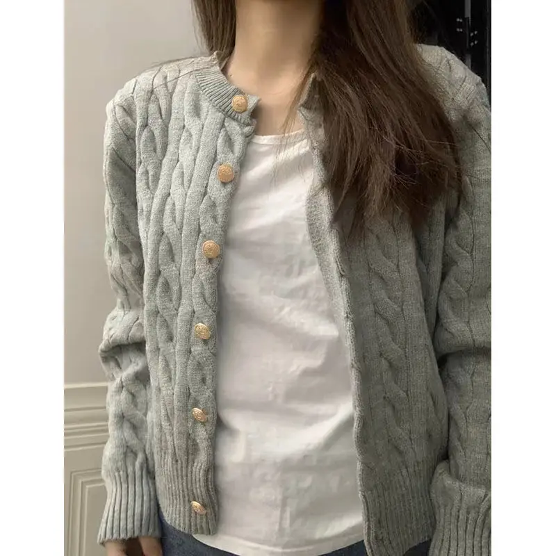 

Trendy Korean Gray Twist Round Neck Knitted Cardigan Jacket Women Early Spring Wear 2024 Spring Autumn Model Y2K Outer Short Top