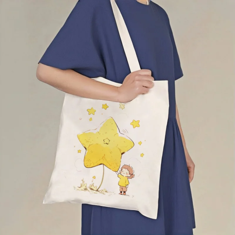 

1pc Cute Star Kid Print Canvas Tote Bag, Double-Sided Printed Shoulder Shopper, Reusable Handbag