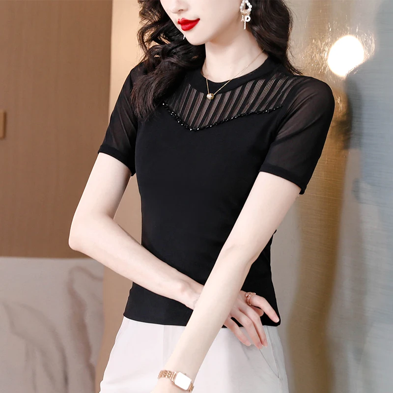 Summer New Mesh Bottoming Shirt Women's Short Sleeve Thin round Neck T-shirt Fashion Diamond Lace Top