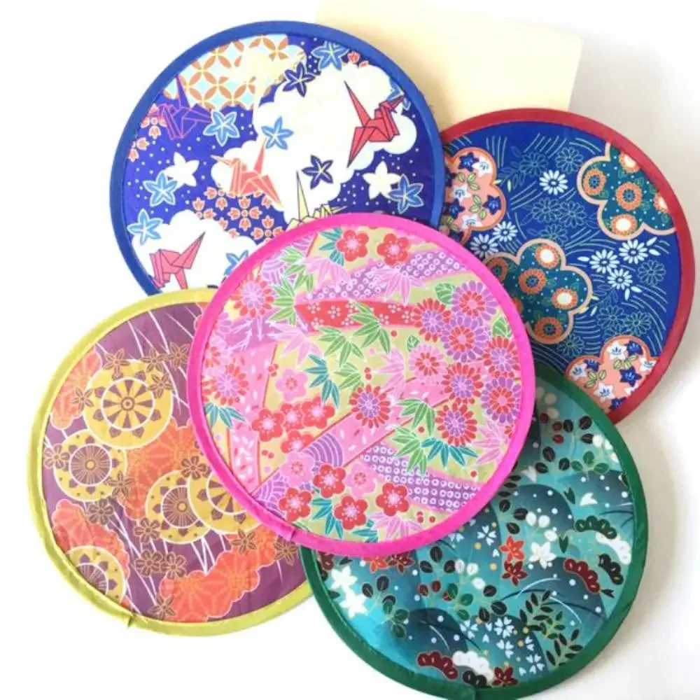 Japanese Style 1PC Nylon Round with Pocket for Beach Lawn Hand Fan Kid Outdoor Folding Fans Flying Disk