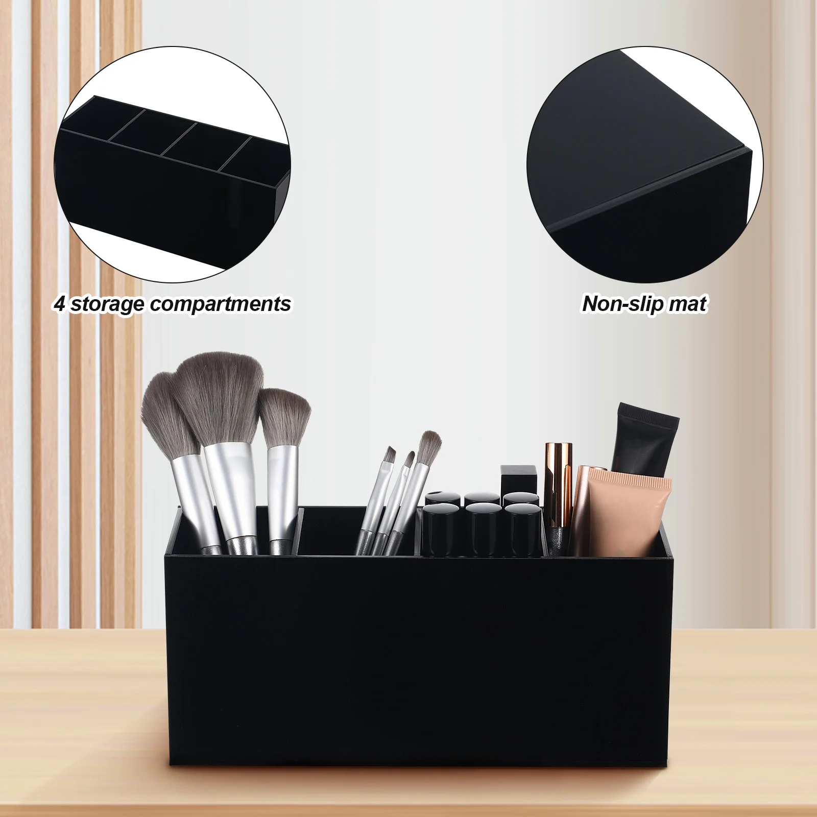 

Acrylic Storage Box Black Quad Pen Holder Desk Organizer Pencil Makeup Brush Compact Multifunctional Classroom Office Accessory