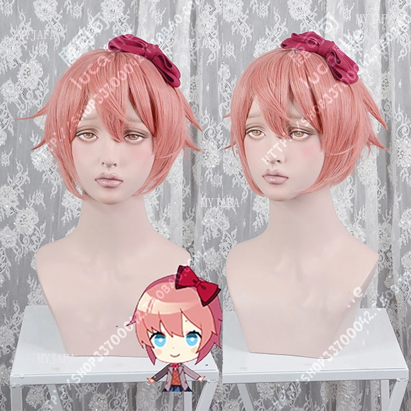 

High Quality DDLC Doki Doki Literature Club Sayori Cosplay Wig Short Pink Heat Resistant Synthetic Hair Anime Wigs + Red Bowknot