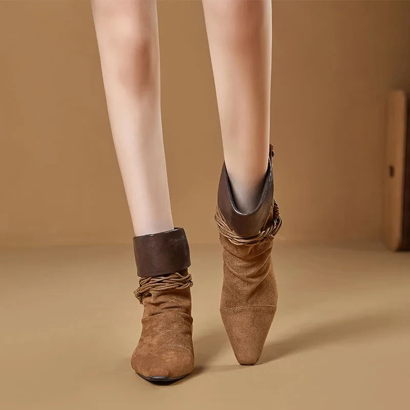 الرجعية الجلود مطوية الأحذية الغربية المرأة الخريف الشتاء اتجاهين ارتداء أشار تو كعب رقيقة تنورة متوهج الأحذية #3