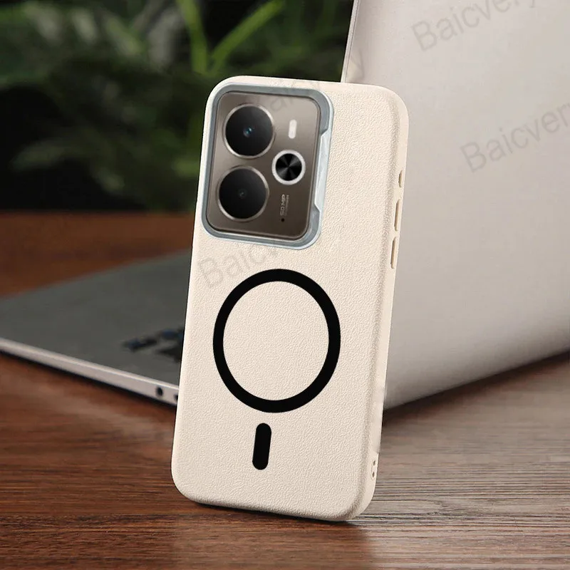 لـ Realme 14 5G / 14T غطاء منقوش من الجلد السيليكون الناعم مع ملصق مغناطيسي ذاتي اللصق