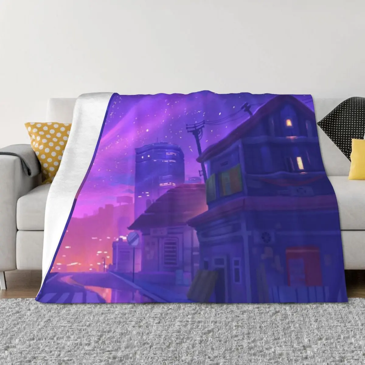 Purple anime aesthetic mousepad, tokyo city street Throw Blanket bed plaid Hair Furry Blankets
