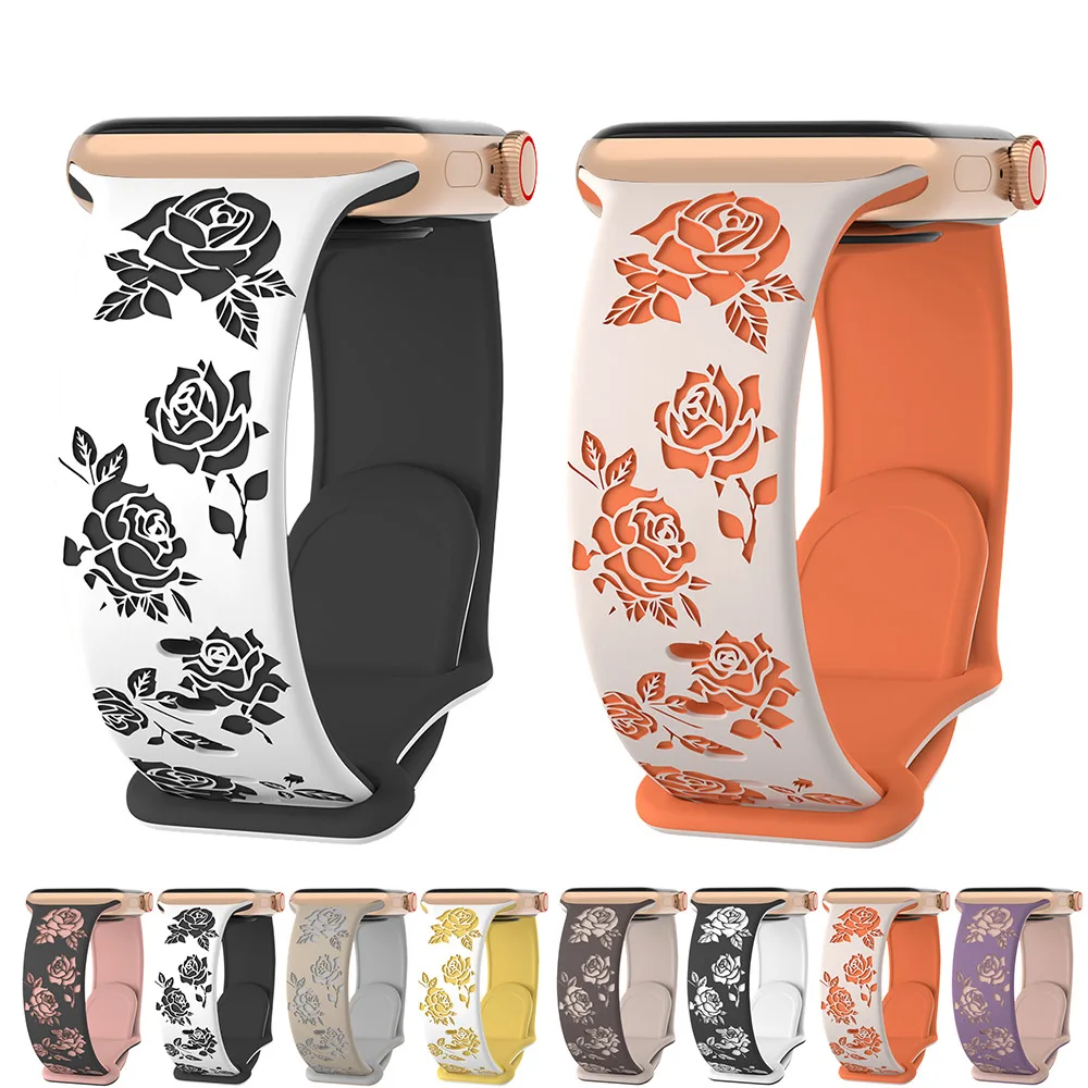 Bracelet en Silicone pour Apple Watch, Ultra 49mm 46mm 42mm 45mm 44mm 41mm, Bracelets de sport sculptés en Rose pour iWatch 10 9 8 7 6 5 SE