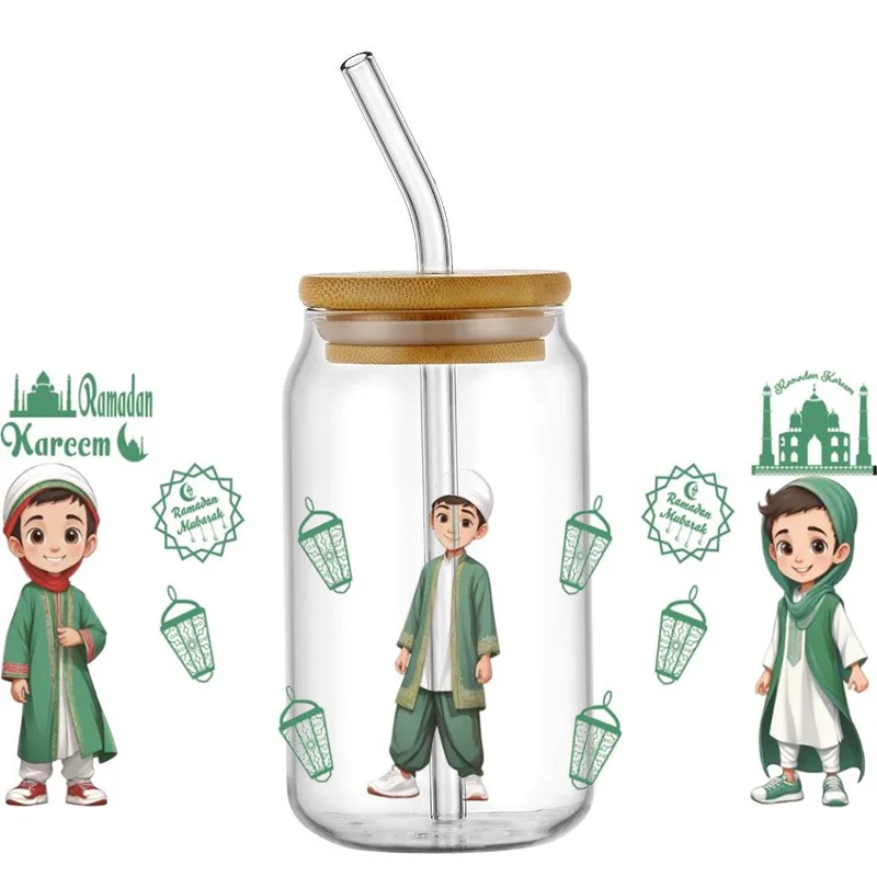 Miniso-calcomanía de dibujos animados musulmanes árabes, pegatina de transferencia de envoltura de taza, logotipo de bricolaje, autoadhesivo, 16oz, libre Bey, UV, DTF