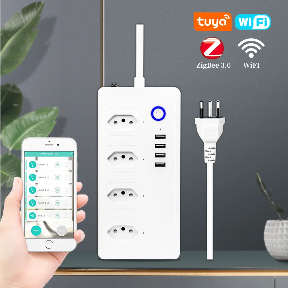 Tuya Brazil Zigbee WIFI Smart Plug Power Strip 4 Outlets 1.5 Extension Cord Timing  Remote Control for Alexa Google Home