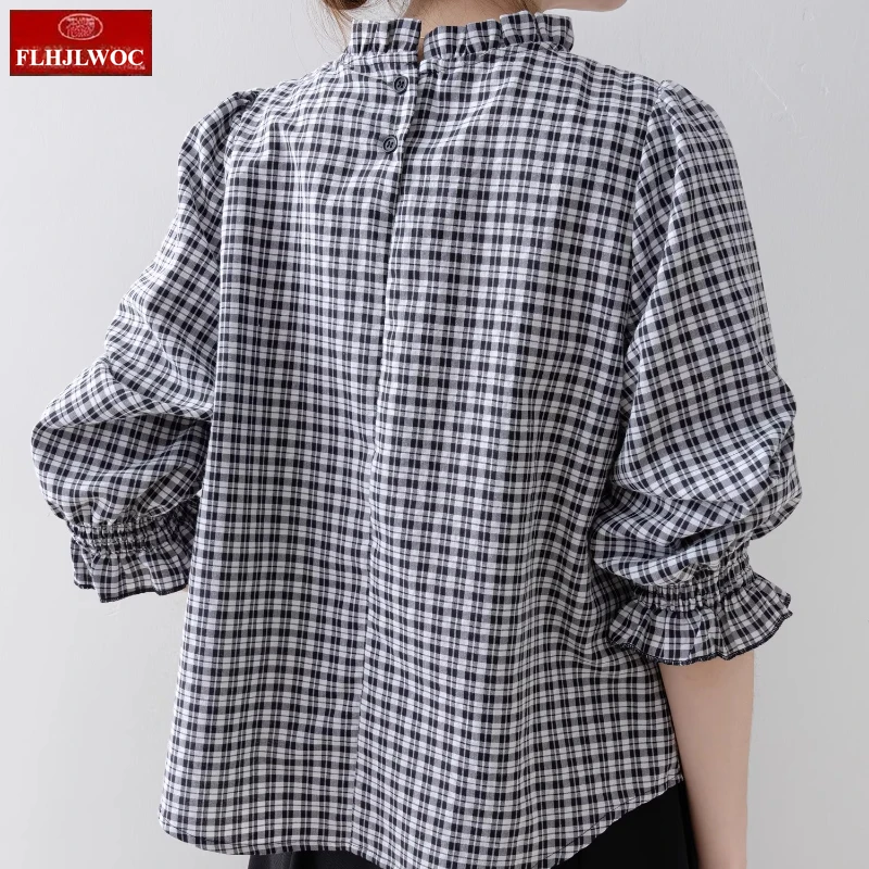 Chemises à carreaux noires été 2025 femmes FLHJLWOC Design demi manches décontracté bureau dame bases rétro Vintage treillis hauts Blouses