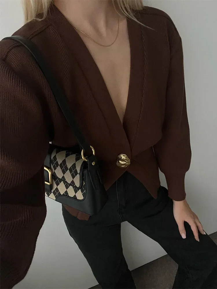 Vintage Brown One Button Knitted Cardigan Women Fashion V Neck Full Sleeves Cropped Sweater Autumn Elegant Lady High Street Tops