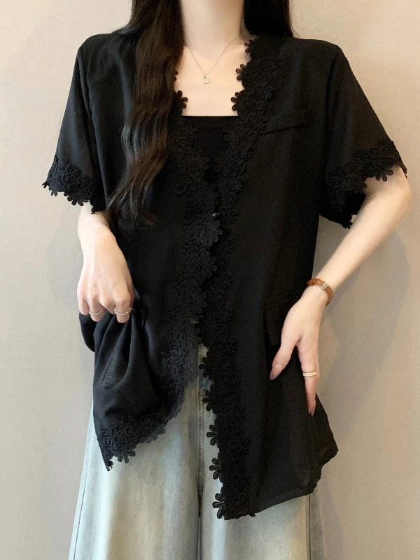 

Black Short Sleeve Slim Fit Women's Shirt Shoulder Length Korean Style Commute Fashion plus Size Summer New Arrival Top