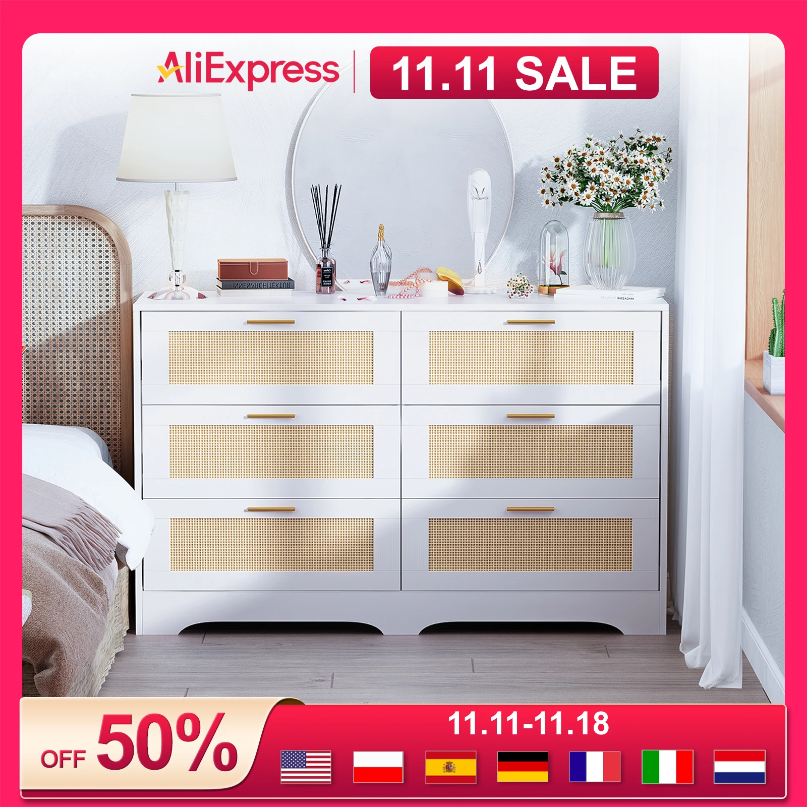 REDLIFE 47.24'' Rattan Dresser with 6 Drawers ,Modern Chest Wood Storage Closet w/ Golden Handles for Bedroom Living Room Hallway