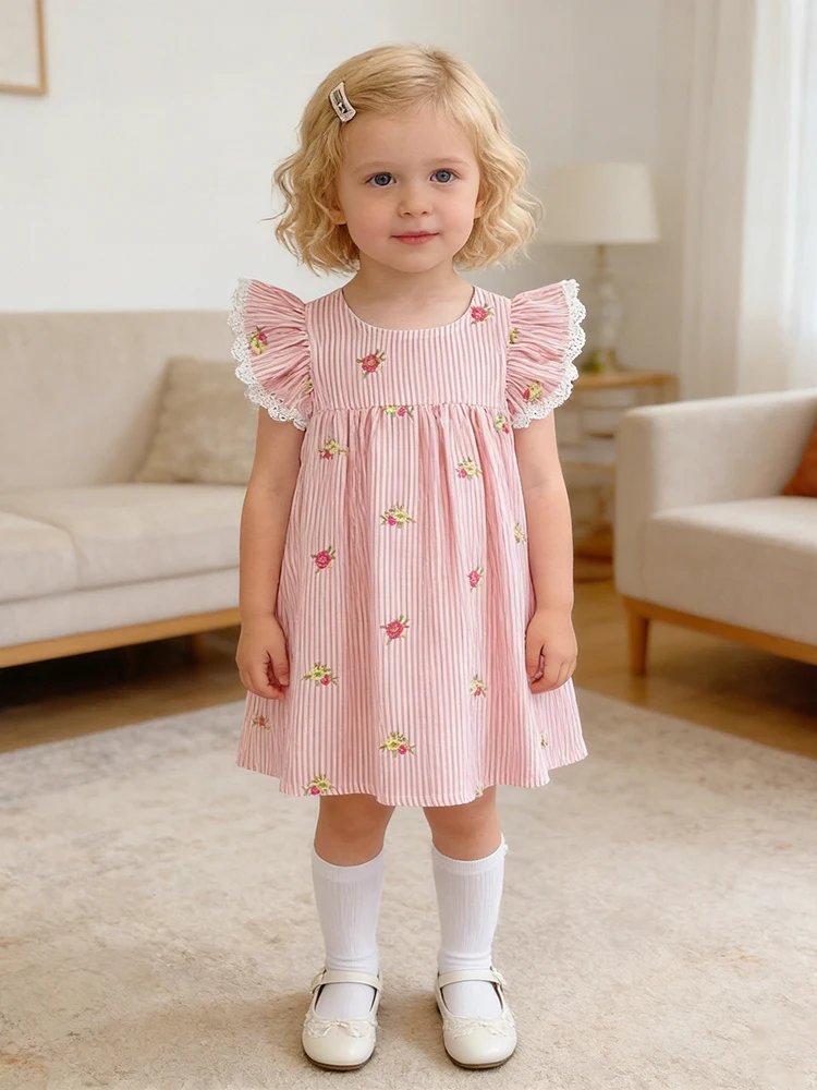 2026 Sommer 0-24M Baby Mädchen Flügelärmel Baumwolle Stickerei Baby Body 2-6 Jahre Süße Partykleider Schwesterkleidung – Detail 17