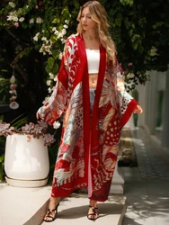 Styl boho Kimono okrycie plażowe z długim rękawem, z nadrukiem w stylu Tribal kardigan Kimono, osłona przeciwsłoneczna z otwartym przodem kostium kąpielowy