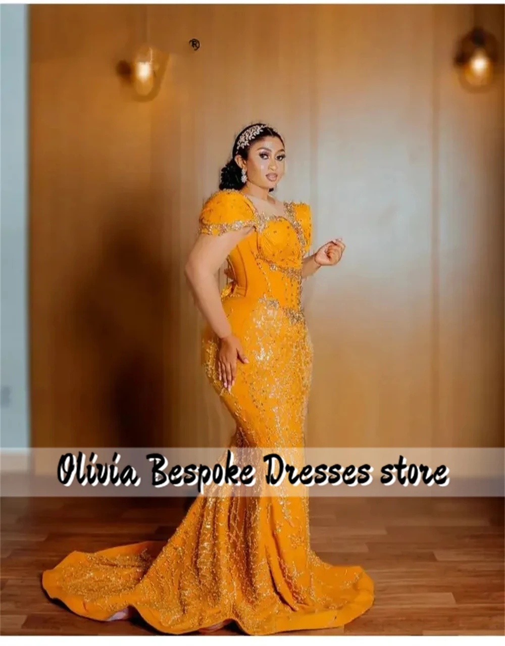Vivid Orange Mermaid Evening Dresses Beads Crystals Long Sleevs Pleat Mexican Elegant Party Dress For Women 2025 Customized