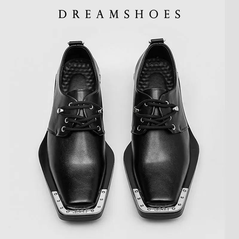 Spring Autumn New Metal Head Decorate Leather Loafers Women Bite Thick-soled Non-slip Square Head Wedge Men Shoes