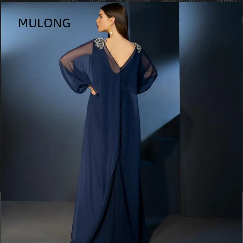 MULONG-vestido azul marino para madre de la novia, vestidos largos de gasa con cuello en V, mangas completas, Arabia Saudita, novio, boda