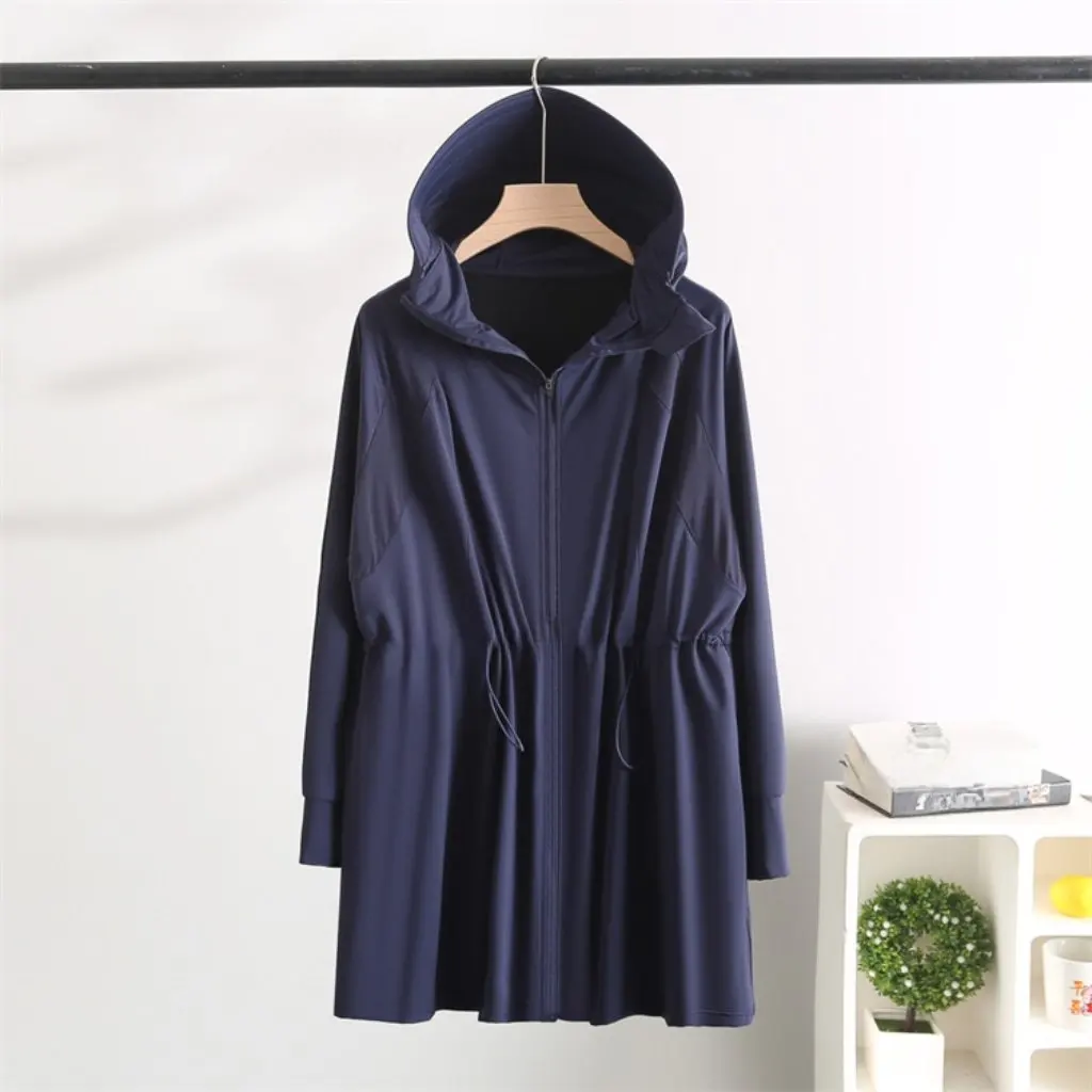 

Fat sister plus size sun protection clothing summer new long waist drawstring breathable hooded coat 5526