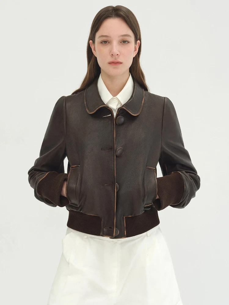 Vintage Kurze Echtes Leder Jacken für Frauen Frühling Herbst High-end-Einfache Schlank Einreiher Echt Schaffell Bomber Mantel