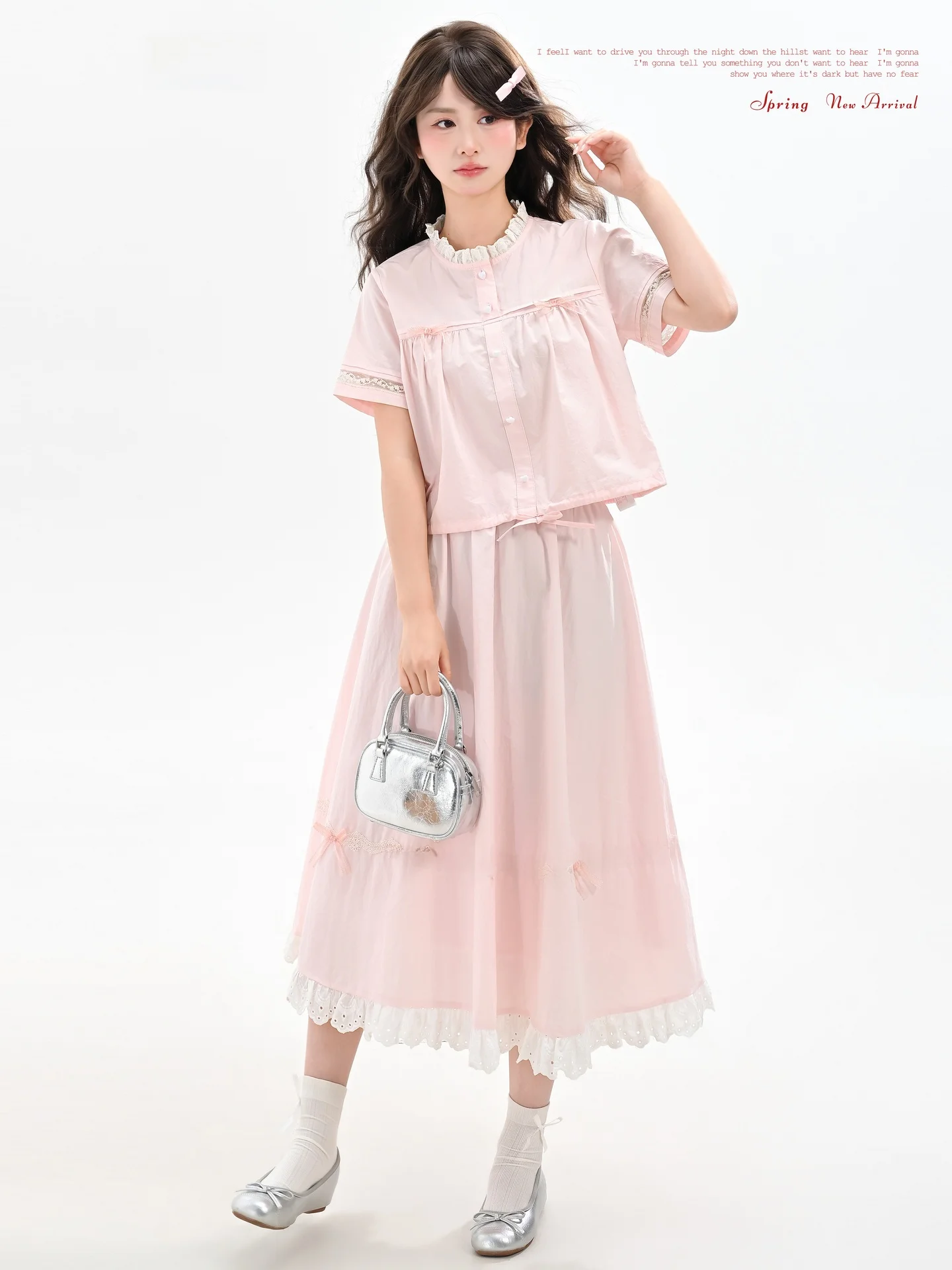 

Summer Cotton Blend Shirt And Skirt Set Women's Preppy Style Knot Short Sleeve Pure Cotton High Waist A-Line Skirt