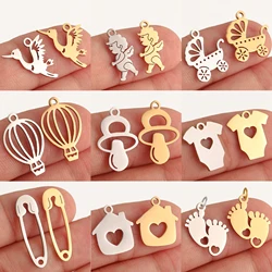 5Pcs Baby Footprint/Heart/Hot Air Balloon Charms Stainless Steel DIY Love Pendants Fadeless Jewelry Making for Necklace Earring