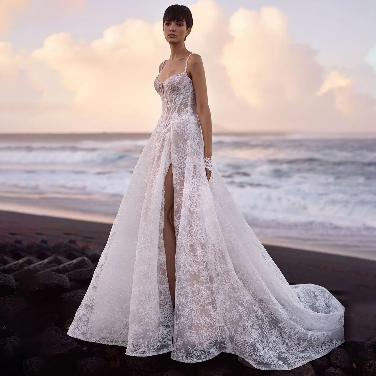 

Beach Vestidos Novia V Neck Lace Wedding Dress With Slit Long Spaghetti Strap Ball Gown A Line Bridal Party Gown With Train