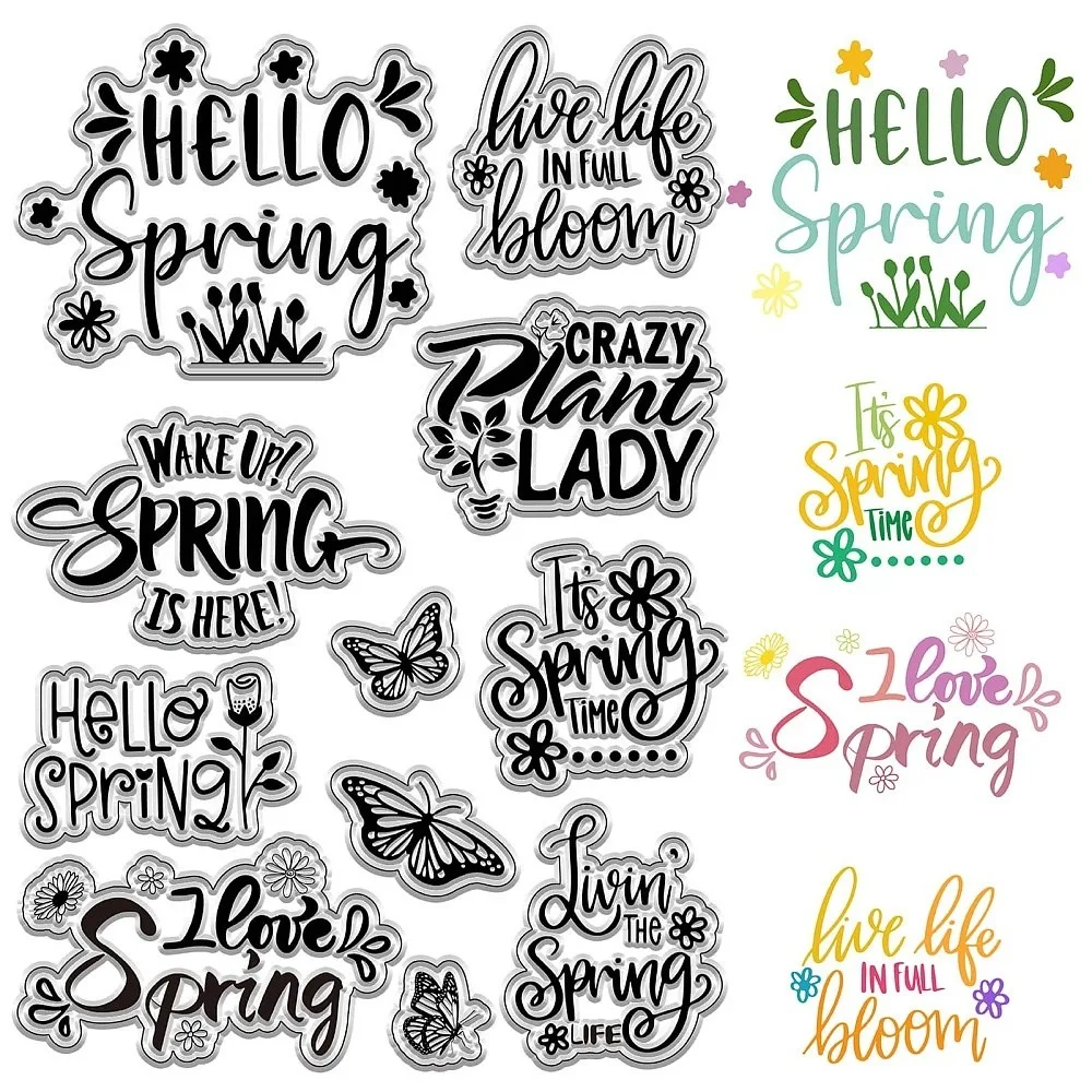 Hello Spring Clear Rubber Stamp Butterfly Flowers Vintage Transparent Seals Stamp for Journaling Card Making DIY Scrapbooking