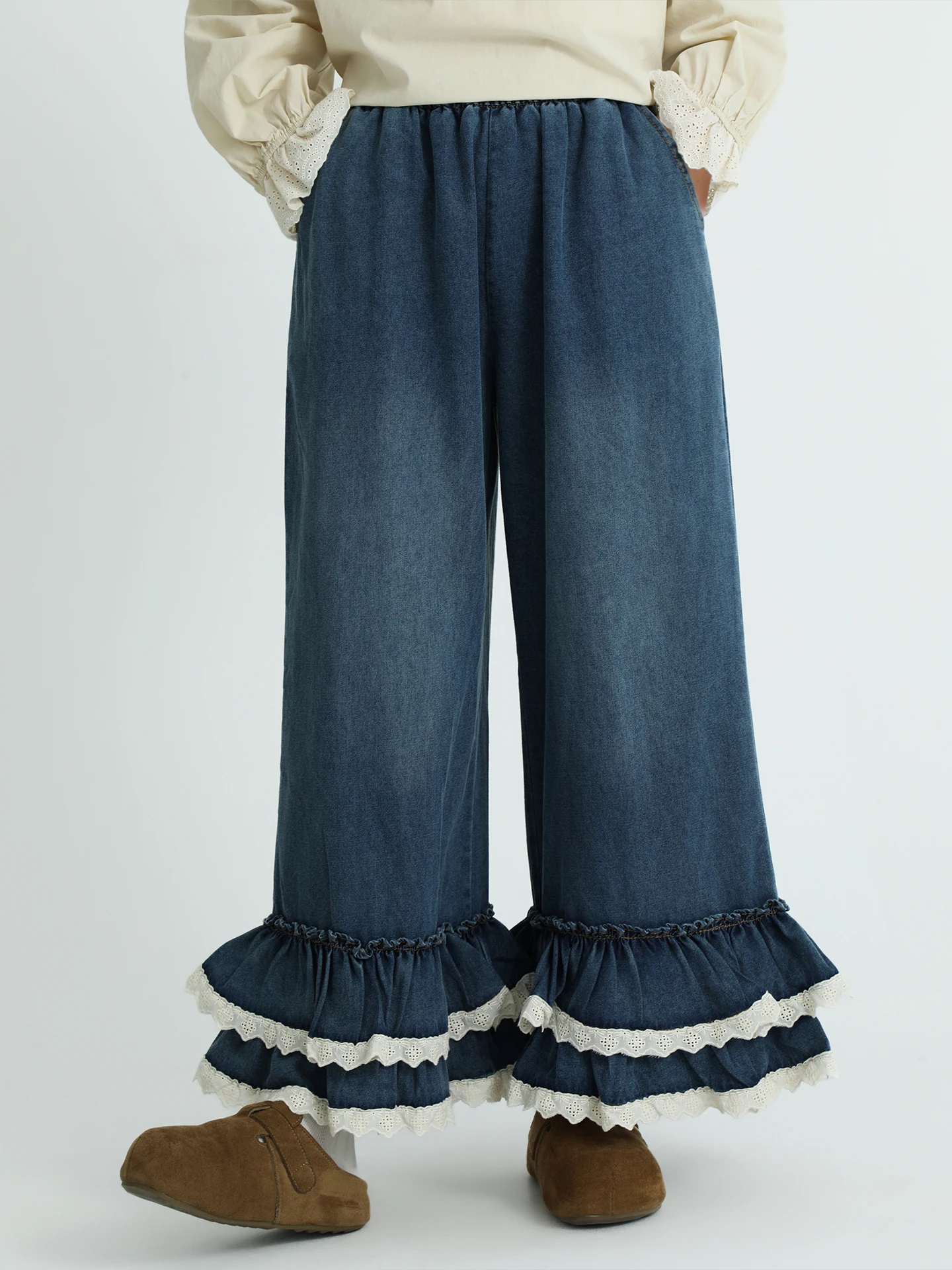 

Boeren Lace Trim Denim Bell Bot High Waist Cotton Spring New Sle Artistic Splicing Nine Points Women's Wide Leg Pants