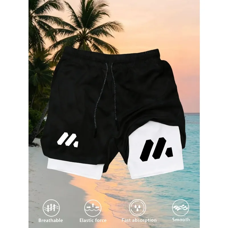 Comfortable Elastic Men Quick Dry 2 in 1 Shorts Double-deck Gym Fitness Training Shorts Outdoor Running Beach Casual Sports Wear