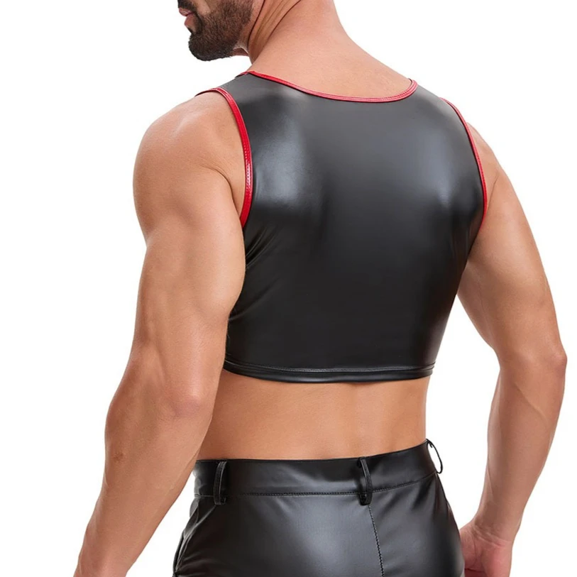 Men's Solid O-Neck Sleeveless PU Faux Leather Crop Top Elastic Mini Short Shirt for Stage Performance Costume New Tank Top
