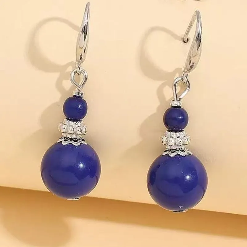 

Blue round bead eardrop, fashionable and luxurious Bohemian style earrings, daily vacation jewelry