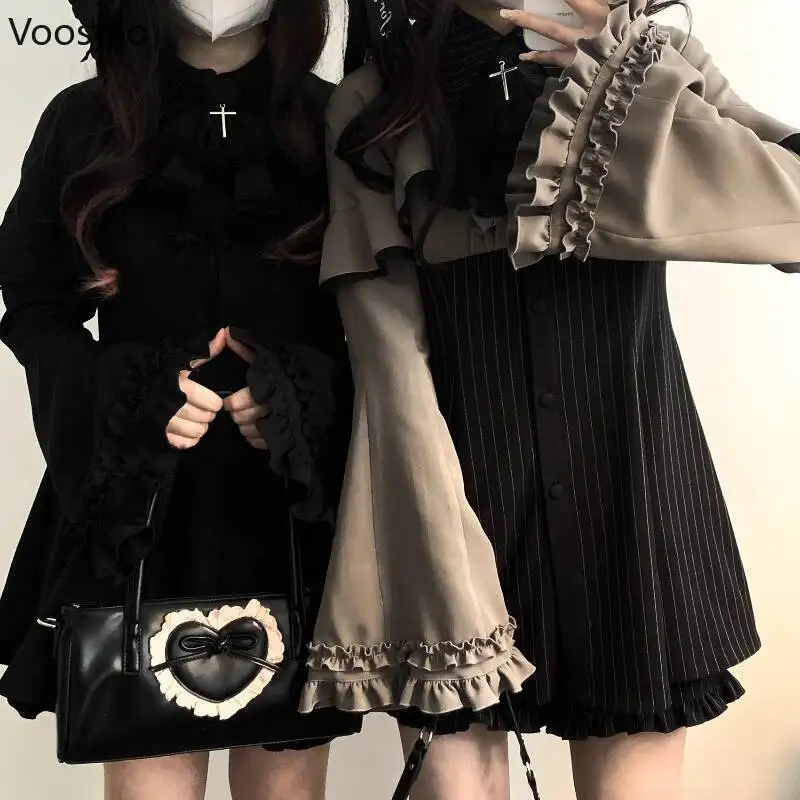 Zestaw: Mini Sukienka Vintage Lolita z Szortami, Damska, Japoński Styl Gotycki Y2k, Rozkloszowane Rękawy, Efekt Dwóch Części, Sukienki na Imprezę, Słodka Sukienka Damska