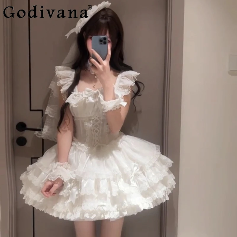 

Sweet and Cute White Lace Lolita Dress Girls Wedding Lolita Birthday Party Puffy Dress Women's Summer White Princess Dress